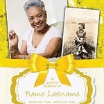 Memorial tribute with a smiling elderly woman and vintage photo.