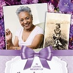 Memorial card with photos of an elderly woman and a young girl for obituary tribute.