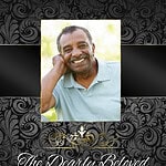Memorial obituary cover featuring a smiling man with floral design and elegant text.
