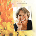 Memorial tribute for loved one with photo and floral background.