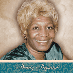 Memorial portrait of a smiling elderly woman in a teal dress.