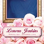 Portrait of Lenora Jenkins in a blue dress with floral border.