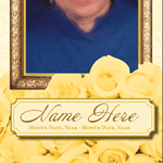 Memorial tribute photo of a woman with roses and a decorative frame.