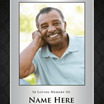 Memorial obituary card featuring a smiling man in a light blue shirt.