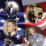 Memorial tribute with American flag and family photos.