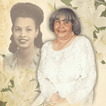 Memorial image of Julia E. Long with a vintage photo and floral background.