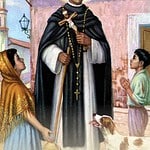 Religious painting of Saint Martin de Porres with praying people and dog.