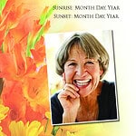 Memorial card with a smiling woman and vibrant floral background.