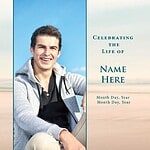 Young man smiling, celebrating life, obituary announcement template.