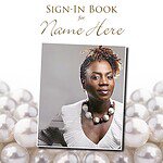 Sign-in book cover for obituaries with a portrait of a woman and pearl decorations.