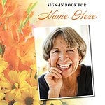 Obituaries Tomorrow sign-in book with smiling elderly woman photo.