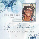 Sign-in book for Jean Elizabeth Harris-Paolore with floral background.