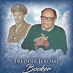 Memorial image of Freddie Jerome Booker with a young military photo in the background.