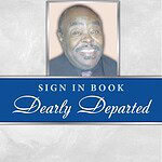 Sign-in book for Dearly Departed obituaries with a portrait photo.