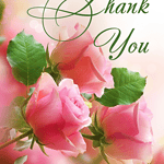 Elegant pink roses with green leaves and 'Thank You' message for obituary condolences.