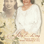 Obituary image of Julia E. Long with sunset details and floral background.