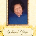 Portrait of a woman in a blue top with a framed border and thank you message.