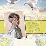 Peaceful memorial image with doves, roses, and a thank you message.