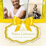 Memorial card with a smiling elderly woman and vintage photo, yellow ribbon, and tribute message.