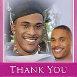 Graduation thank you card with smiling graduates and pink background.