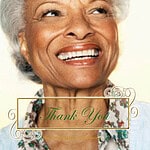 Elderly woman smiling with a thank you card overlay.