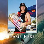 Surfer holding a surfboard at the beach with a sunset background.