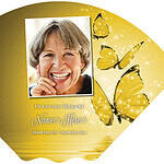 Memorial tribute featuring a smiling woman and yellow butterflies.