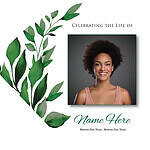 Memorial card with a smiling woman and green leaves for celebrating life.