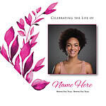 Memorial card with a woman's photo and pink floral design for celebrating life.