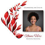 Memorial card with a woman's photo and red leaf design for celebrating life.