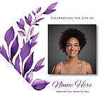 Memorial card with purple leaves and a smiling woman portrait.