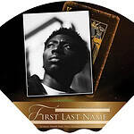 Black and white obituary card with a young man's portrait and gold accents.