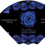 Memorial card featuring blue roses for a loved one.