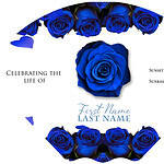 Elegant memorial card with blue roses and space for personal details.