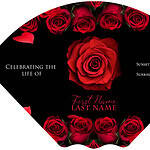 Obituary card with red roses and sunset theme for memorial tribute.