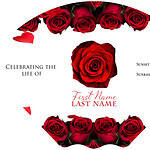 Elegant memorial card with red roses and space for personalized obituary details.