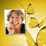 Memorial program with a smiling woman and yellow butterflies for obituary remembrance.
