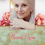 Close-up of a smiling elderly woman with white hair for thank you card.