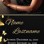 Obituary banner with a woman in reflection for memorial service.