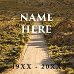 Obituary banner featuring a hiker with backpack in mountain landscape.