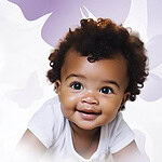 Memorial tribute featuring a smiling child and purple butterfly design.