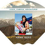 Hiker camper adventurer badge with mountain background and personalized name.
