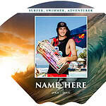 Memorial photo of a surfer with a surfboard at sunset.