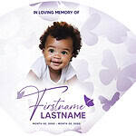 Baby memorial card with butterflies and purple accents for obituary.