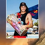 Poster featuring a hiker and surfer with adventure themes for Obituaries Tomorrow.