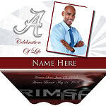 Memorial card with a smiling man in a blue shirt and a decorative background.