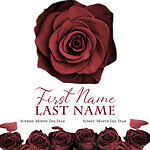 Elegant memorial card with a red rose and roses border for obituary tribute.