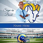 Sign-in book for Rams football team with stadium background.