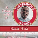 Memorial tribute for San Francisco 49ers fan with photo and helmet.