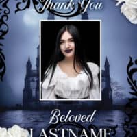 Thank you card featuring a portrait of a beloved person with floral and castle background.